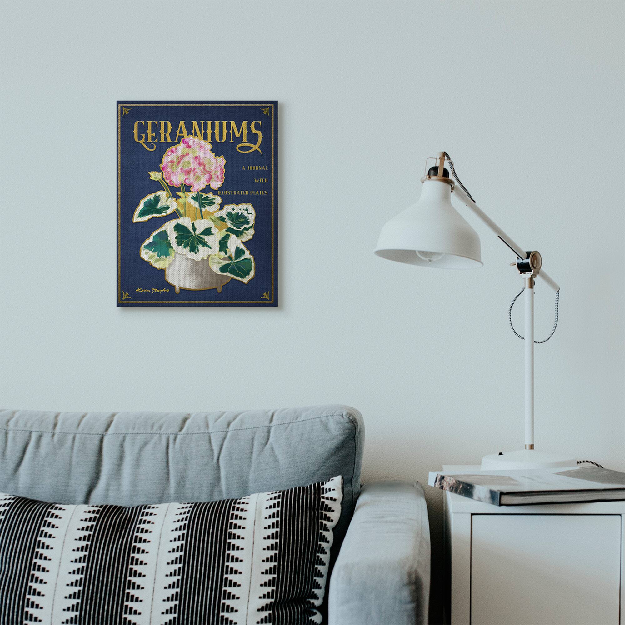 Stupell Industries Geraniums Blue Gold Flower Word Design Canvas Wall Art